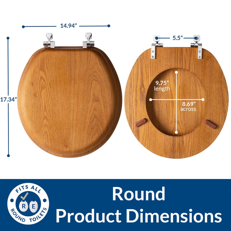Bemis Mayfair Natural Oak Veneer Toilet Seat with Chrome Hinges, Round, Wood - Image 5